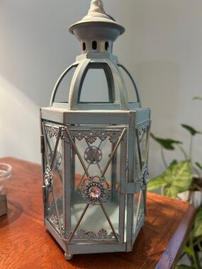 Pier 1 Light Teal and Silver Lantern with Decorative Accents
